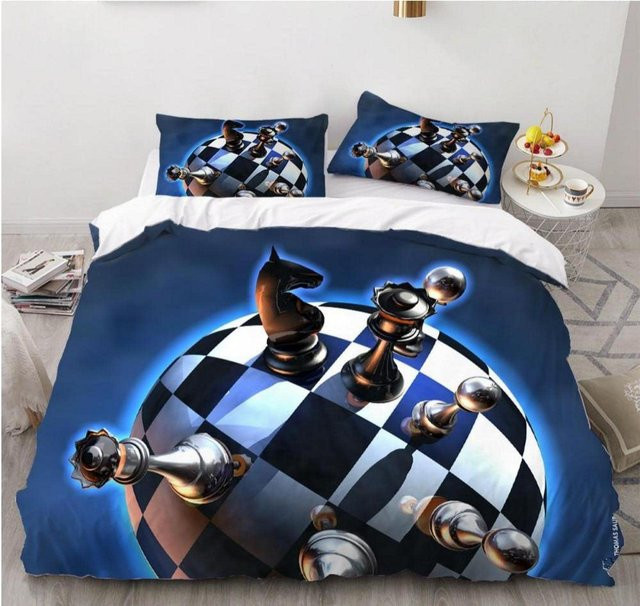 JMG Household Supplies Schachbettbezug-Set mit Kissenbezug in Schwarz-Weiß-Blau, Motiv Schachbrett-Design, B/H: 135 x 200 cm - Bild 1
