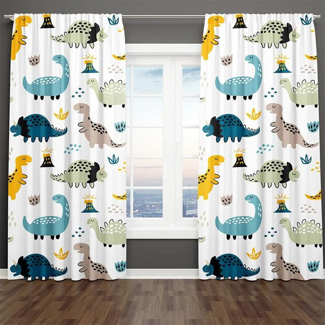 A Family Of Home Textiles Dinosaurier Vorhänge für Kinder in Grau, 2er-Set, semi-transparent, Breite: 50 cm, Höhe: 50 cm - Bild 1