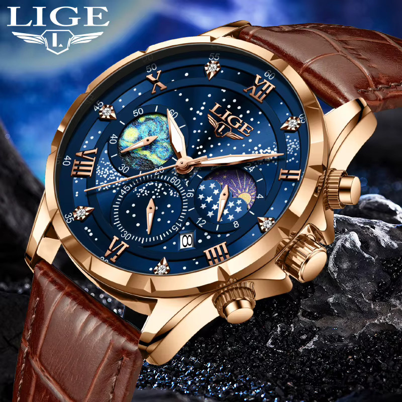 Lige Armbanduhr, Chronograph, Quarz, Leder, Herren, Blau, Gold, Silber - Bild 5