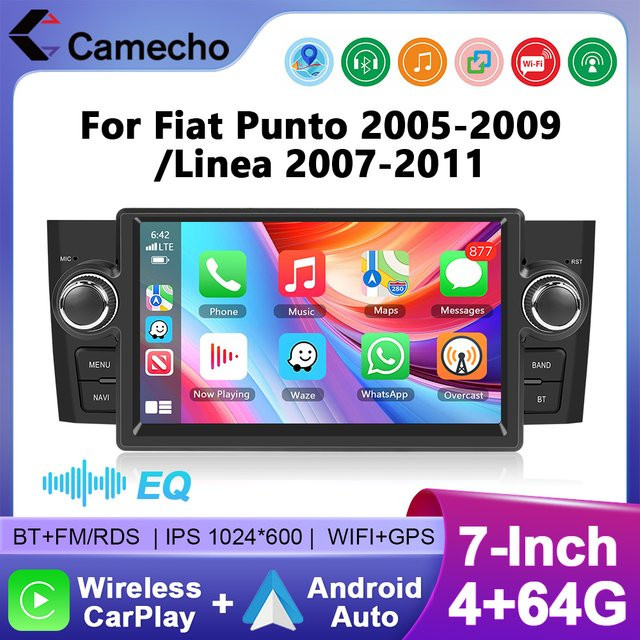 Camecho Android Auto Radio für Fiat Punto 05-09 und Linea 07-11 mit 4GB RAM + 64GB Speicher, Drahtloses CarPlay, GPS, Bluetooth, Wifi und RDS in Schwarz - Bild 1