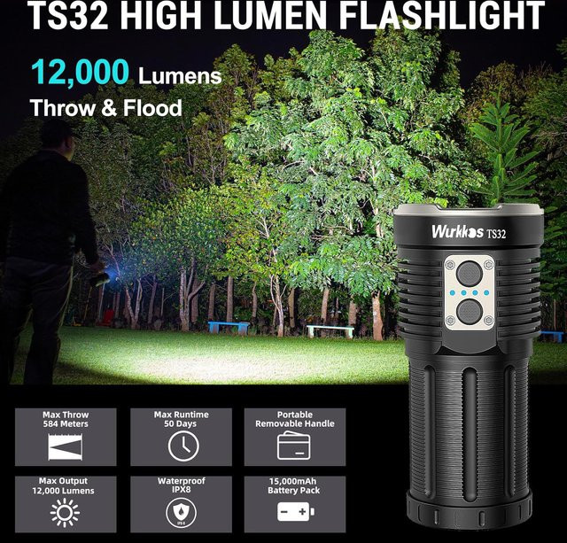 Wurkkos TS32 Taschenlampe in Schwarz mit 12000 lm, Dual-Switch-System, IP68 wasserdicht und wiederaufladbar - Bild 1