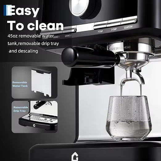HiMISS Halbautomatische Kaffeemaschine in Schwarz mit integriertem Mahlwerk, 15 bar Pumpendruck, 30 Mahlgradeinstellungen, 58 mm Siebträger, herausnehmbarem Wassertank und manueller Milchaufschäumdüse - Bild 5