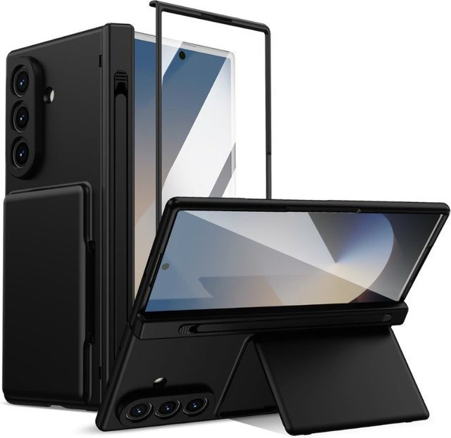 Samsung Handyhülle mit Kartenhalter, Scharnierschutz, Ständer, Stifthalter und Displayschutzfolie für Galaxy Z Fold 8 7 6 5 Wide Ultra in Schwarz oder Grau - Bild 1