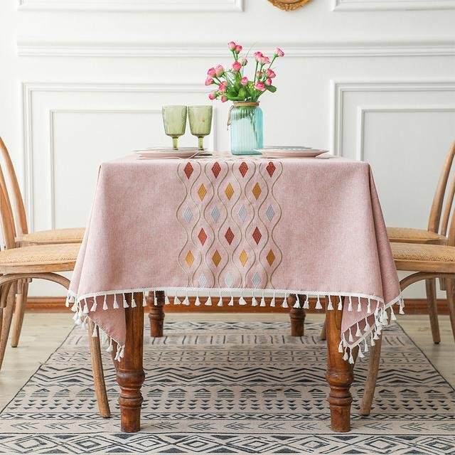 Elegante rechteckige Tischdecke mit Quasten aus Baumwoll-Leinen-Mischung in Rosa, B/B: 110 x 170 cm - Bild 1