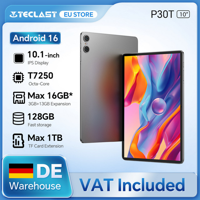 Teclast P30T 10,1-Zoll Tablet in Grau mit Android 16, 128 GB ROM, bis zu 16 GB RAM, 8-Kern T7250 Prozessor und 6000 mAh Akku - Bild 1