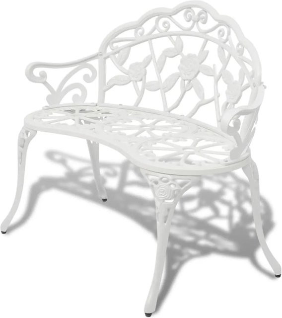 vidaXL Gartenbank aus Aluminiumguss in Weiß mit Blumenornament und Armlehnen für Garten und Terrasse, B/T/H: 100 x 54 x 80 cm - Bild 1