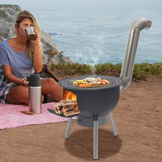 Bymaocar Holzofen aus Stahl in Schwarz mit 4 Brennringen für BBQ, Garten und Camping - Bild 1