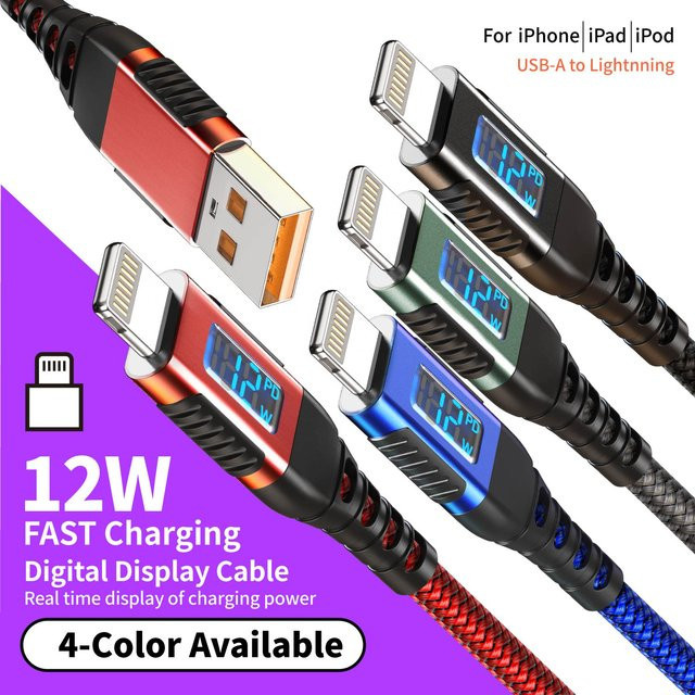 LAIHONEN USB-A zu Lightning Ladekabel mit Digitalanzeige, MFi-zertifiziertes Nylon-Geflecht, Blau, 2 m - Bild 1