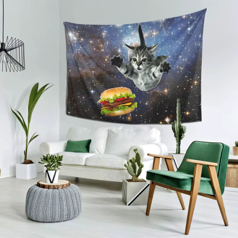 VIKAMA Space Cat Burger Wandteppich mit psychedelischem Katzen-Motiv in Multicolour - Bild 3