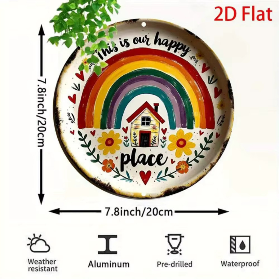 CIFBUY Retro-Metallschild This Is Our Happy Place, runde Wandkunst mit floralem Design und Typografie, Mehrfarbig, Durchmesser: 20 cm - Bild 4