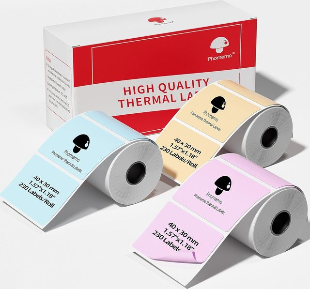 Phomemo Thermobild-Etiketten für M110 M120 M200 M220 M110s Drucker, 3 Rollen à 230 Stück, B: 4,0 cm x H: 3,0 cm, Farben: Rosa, Khaki, Blau, Weiß und Mehrfarbig - Bild 1