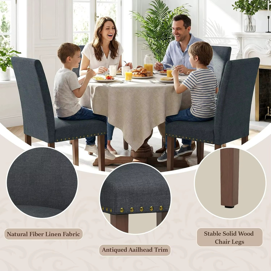 Gepolsterte Esszimmerstühle im Tufted Parsons Design mit Nagelkopf-Verzierung und Massivholzbeinen in Beige - Bild 4