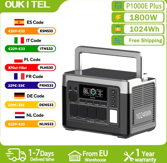 OUKITEL P1000E Plus Tragbare Powerstation 1800W Solar-Generator mit 1024Wh LiFePO4 Akku in Grau - Bild 1