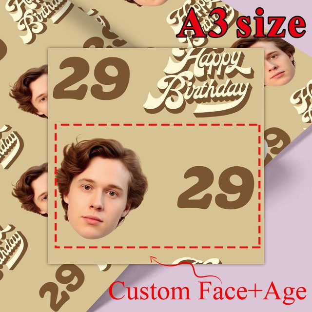 Personalisiertes Geburtstags-Geschenkpapier mit individuellem Gesicht und Foto in Beige, 3 Blatt für deine einzigartige Geschenkverpackung und DIY-Bastelarbeiten - Bild 1