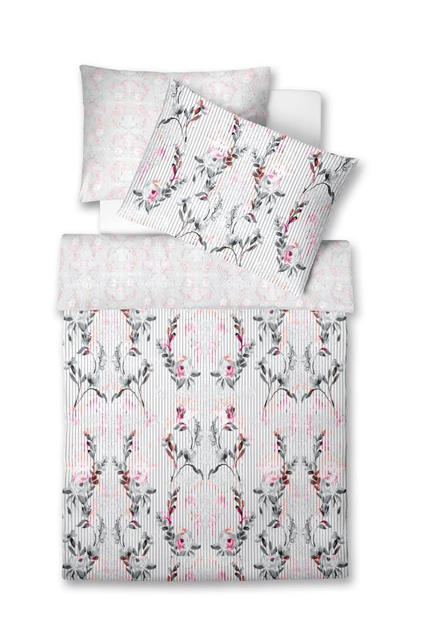 Fleuresse Mako-Satin Bettwäsche Wende mit Blumen- und Streifenmuster in Grau und Rot, B/H: 155 x 220 cm und 80 x 80 cm - Bild 1