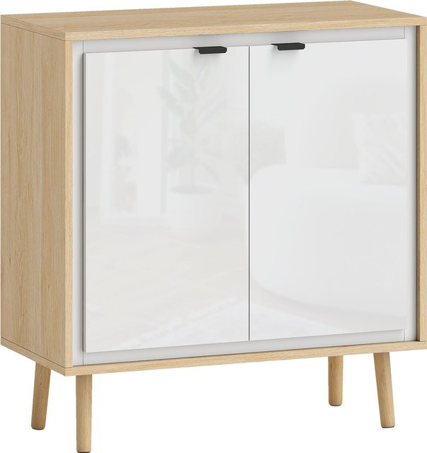 HOMCOM Küchenschrank mit 2 Türen und verstellbarem Regal, modernes Sideboard in Hochglanz-Weiß und Eiche, B/T/H: 72 x 35 x 77 cm - Bild 1