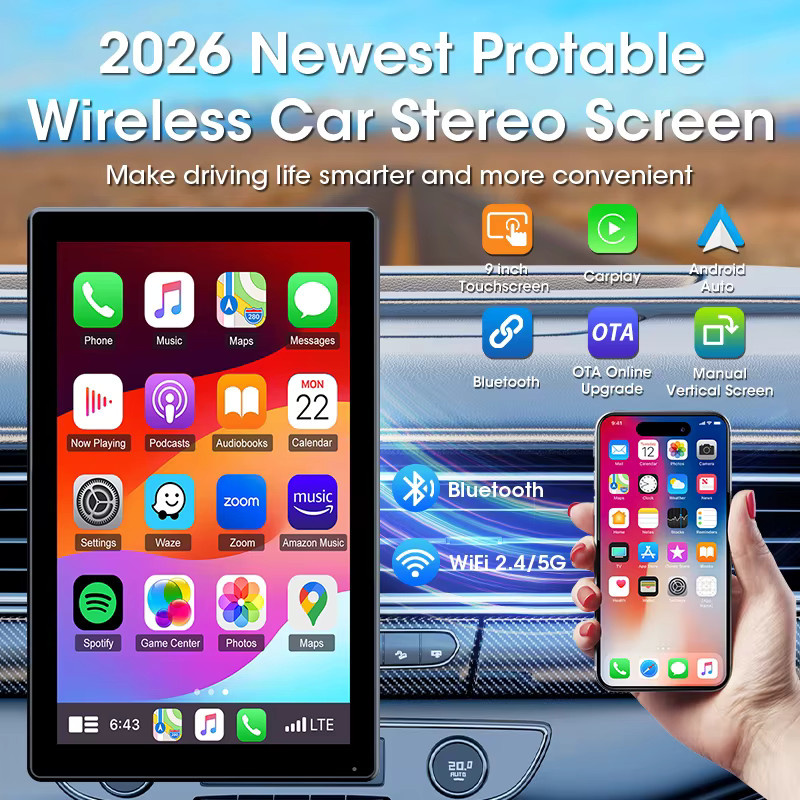 Jansite Tragbarer Carplay Bildschirm mit Bluetooth und GPS, Kabelloses Android Auto Autoradio in Schwarz mit magnetischer Halterung und drehbarem Display - Bild 2