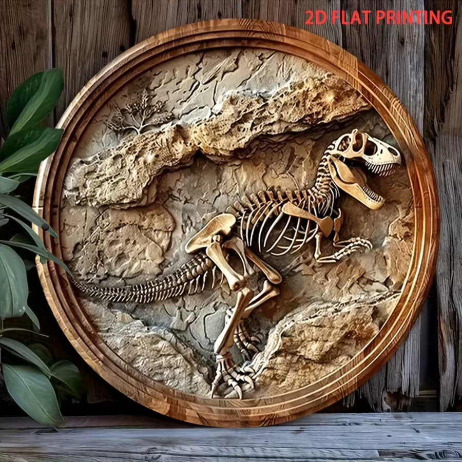 HELLOYOUNG Vintage Dinosaurier-Fossil-Skelett Metall-Wandkunst, Runde 2D Wanddekoration in Braun, Durchmesser: 20 cm - Bild 4
