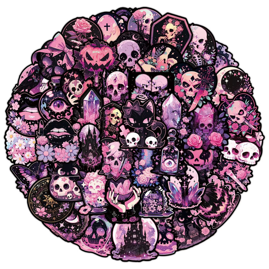 Kpustyle Gothic Horror Totenkopf Graffiti Aufkleber in Rosa und Schwarz, Wasserdichte Sticker für Laptop, Notebook und Koffer - Bild 2