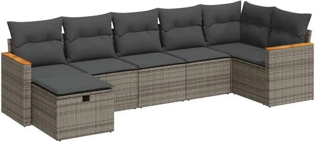 vidaXL 7-teilige Garten-Sofagarnitur aus Polyrattan in Grau mit Kissen und Ottoman im L-Shape Design - Bild 1
