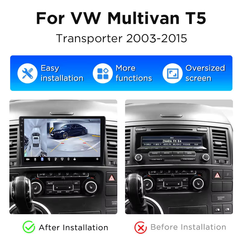 Junsun 360° Panorama Kamera Auto Radio für Volkswagen Multivan T5 2003-2015 mit Wireless CarPlay, Android Auto, GPS und RDS in Schwarz - Bild 2