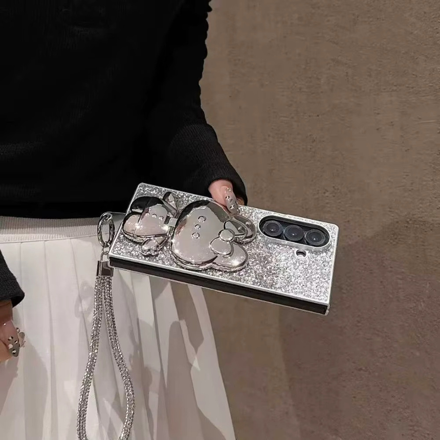 Elegante Glitzer-Schutzhülle für Samsung Galaxy Z Fold 7 6 5 4 3 mit Handschlaufe und Spiegel-Ständer in Silber - Bild 2