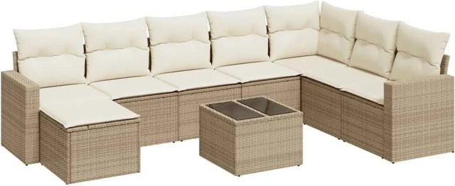vidaXL 9-tlg. Garten-Sofagarnitur aus Poly-Rattan mit Kissen in Beige-Creme - Bild 1