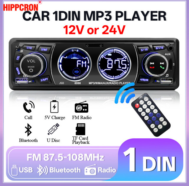 Hippcron 1DIN Autoradio mit Bluetooth, MP3-Player und FM Radio in Schwarz mit USB, AUX und TF-Kartenslot für 12/24V - Bild 1