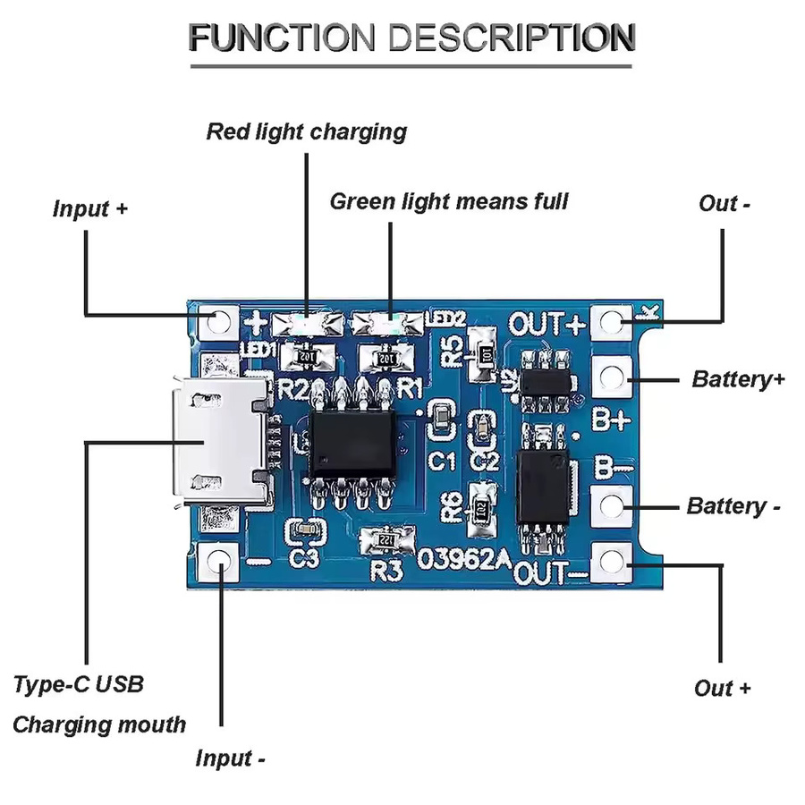 TP4056 Lithium-Akku-Lademodul mit Schutzfunktion für 18650 Li-Ion Akkus, Typ-C und Micro-USB, Blau - Bild 3