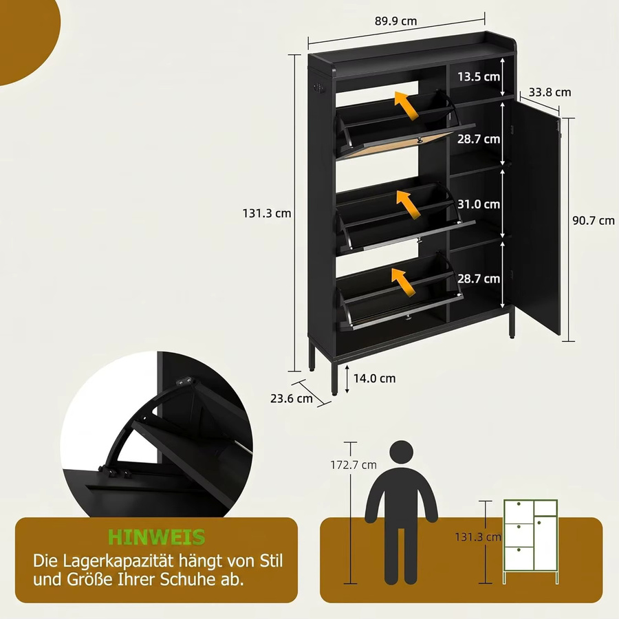 Garvee Schuhschrank in Schwarz mit 3 Klappschubladen und 4-stufigem Regal, moderner Rattan-Organizer mit Metallgriffen für Flur und Eingangsbereich - Bild 2