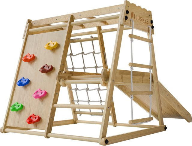 Juskys Mini Klettergerüst für Kinder als Indoor Spielplatz mit Rutsche, Kletterwand und Turnringen in Braun und Multicolour - Bild 1
