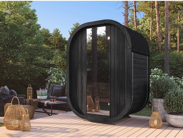 Fjordholz Fass-Sauna Modell Luxe Micro Black Edition Bausatz aus Thermoholz und Espenholz in Schwarz