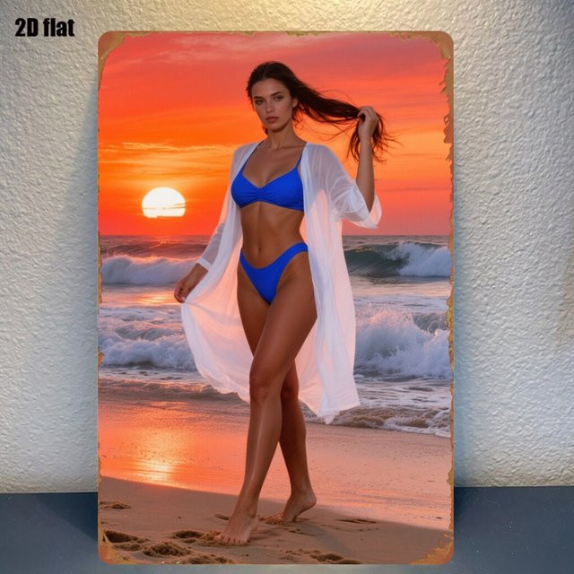 CIFBUY Retro Metallschild Strand Sonnenuntergang Mädchen Wandkunst Vintage Dekoration, B/H: 30,48 x 20,32 cm, Mehrfarbig - Bild 1