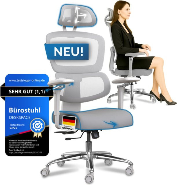 DESKSPACE Move Pro Bürostuhl in Grau mit Armlehnen und Rollen, belastbar bis 150 kg - Bild 1