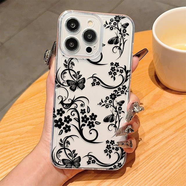 Remazy Transparentes iPhone Case mit schwarzem Schmetterlings- und Blumenmuster für iPhone 17 bis iPhone 11 Modelle - Bild 1