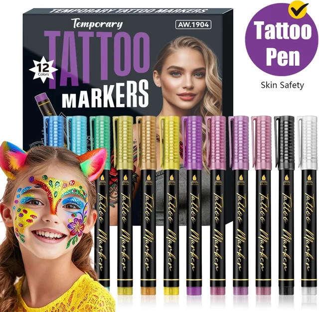 Waschbare Tattoo Stifte für Körpermalerei in Multicolour, schnell trocknende Kunstmarker für Zeichnungen und Partys - Bild 1