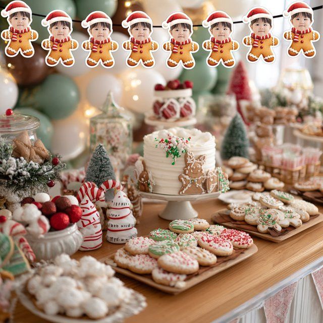 Personalisiertes WEIGAO Weihnachtsbanner mit Gesicht, Lebkuchenmann und Weihnachtsmütze in Multicolor als Dekoration für Kinder und Geburtstagsfeiern - Bild 1