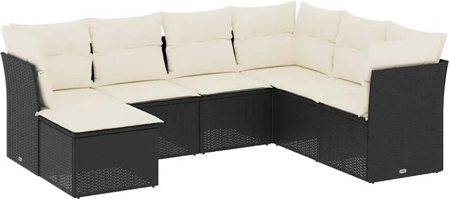 vidaXL 7-teilige Garten-Sofagarnitur in L-Form aus Poly-Rattan und pulverbeschichtetem Stahl in Schwarz mit Sitzkissen und Rückenkissen - Bild 1