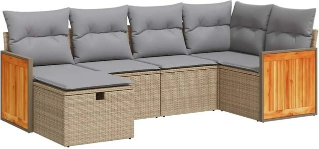 vidaXL 6-teilige Garten-Sofagarnitur in L-Form aus Poly-Rattan und Metall mit Kissen in Beige und Grau - Bild 1