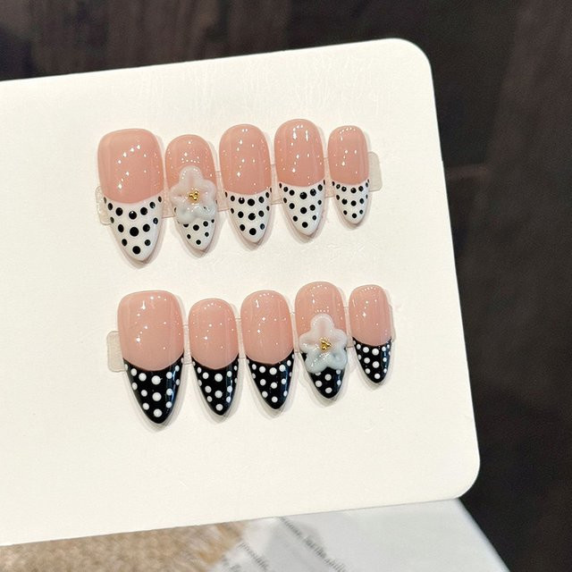 YADORNOS Künstliche Nägel, Polka-Dot-Design, schwarz-weiß, glänzend - Bild 1