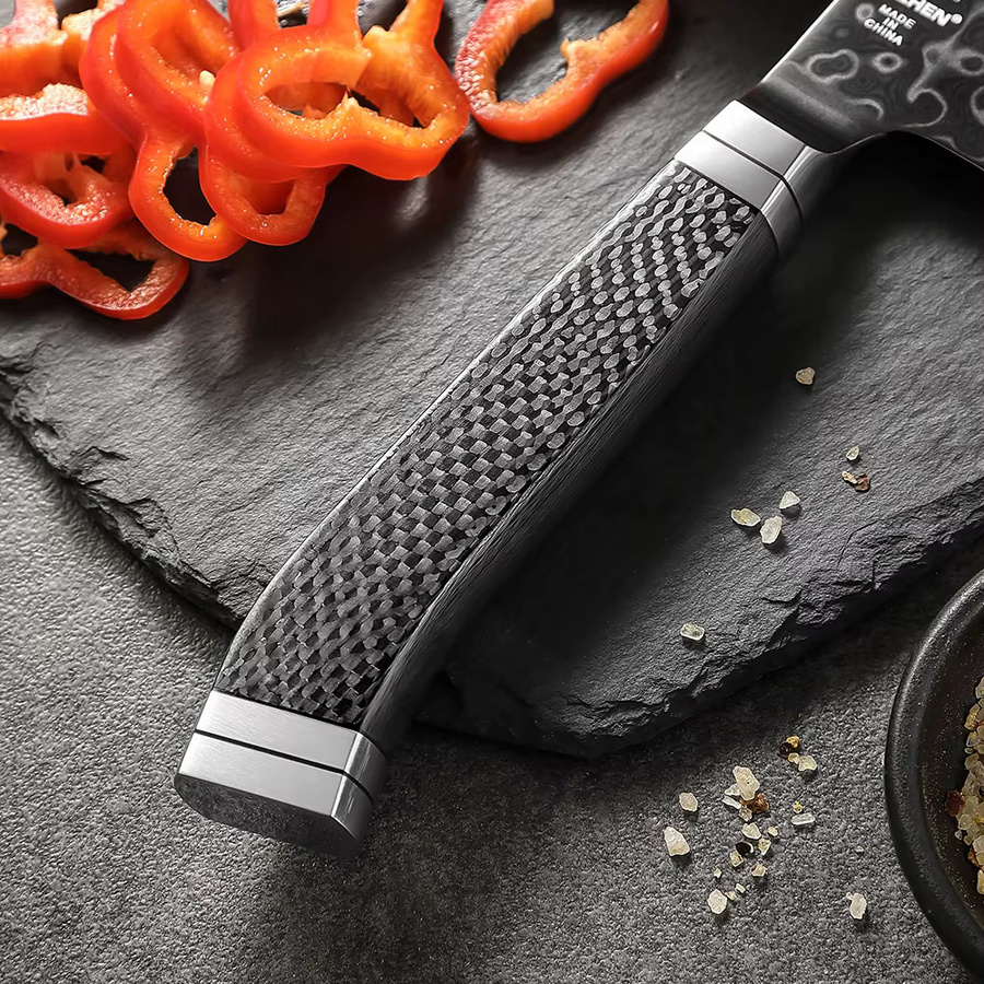 HEZHEN Santoku-Messer mit 7,2 Zoll Damastklinge aus M390 Stahl und Kohlefaser-Griff in Schwarz - Bild 4