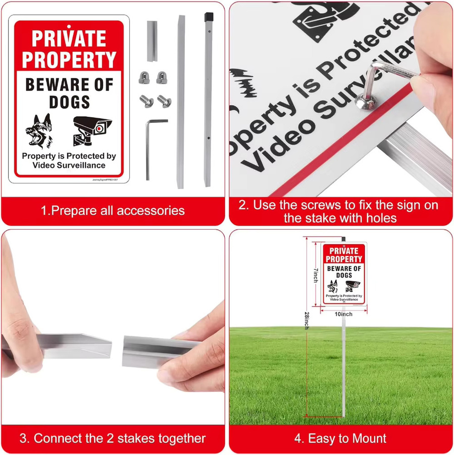 HELLOYOUNG Schild-Set für Privaterigentum mit Warnhinweis auf Hunde und Videoüberwachung aus weißem Aluminiummetall inklusive verstellbarem Pfahl-Set und UV-beständigem Schutz - Bild 4