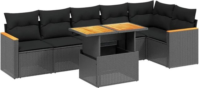 vidaXL 7-teilige Garten-Sofagarnitur in L-Form aus schwarzem Poly-Rattan mit Kissen und Akazienholz - Bild 1
