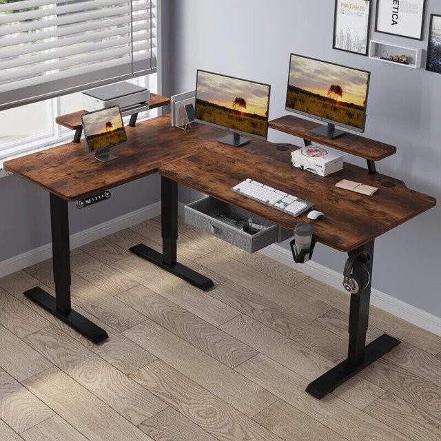 Radlove Elektrisch Höhenverstellbarer L-Schreibtisch in Brown mit Monitorständer und Schublade, Breite: 160 cm - Bild 1