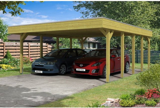 Skan Holz Doppelcarport Friesland Flachdach in Braun mit H-Pfostenankern B/T: 557 x 708 cm - Bild 1