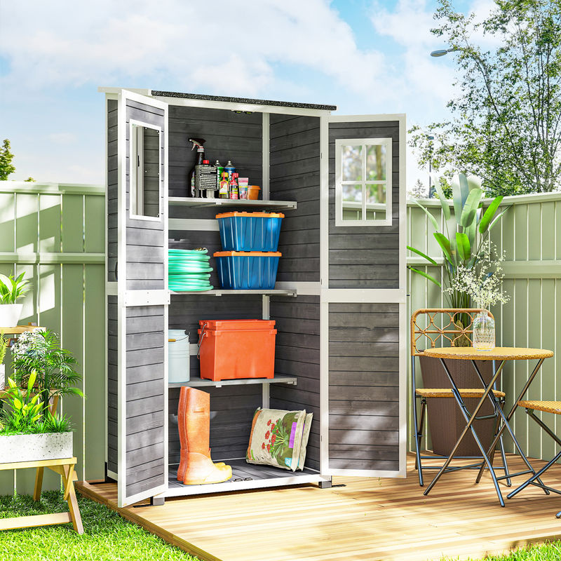 Outsunny Gartenschrank aus Tannenholz in Hellgrau mit abschließbarer Tür, Fenstern und Regalböden, B/T/H: 91 x 69 x 192 cm - Bild 2