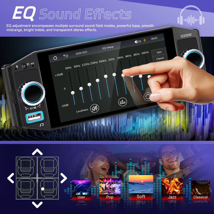 Podofo 5-Zoll Universal-Autoradio in Schwarz mit IPS-Bildschirm, FM/AM/RDS, kabellosem CarPlay und Android Auto sowie Lenkradfernbedienung und MP5-Player - Bild 3