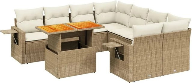 vidaXL 9-teilige Garten-Sofagarnitur in L-Form aus Poly-Rattan und Akazienholz mit Kissen in Beige - Bild 1