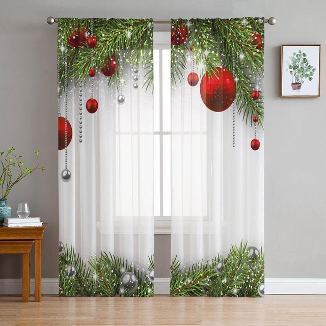 Weihnachtsbaum und Hirsch Motiv Chiffon Gardine in Weiß mit Ösen, Transparent, B: 135 cm, H: 137 cm - Bild 1