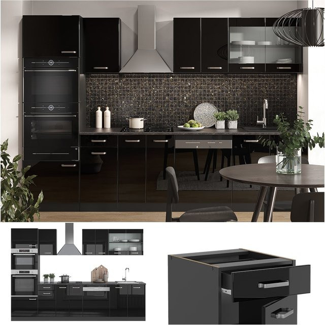 Vicco Küchenzeile R-Line Solid in Anthrazit und Schwarz, moderne Küchenschränke mit Hochglanz-Finish, Breite: 300 cm - Bild 1